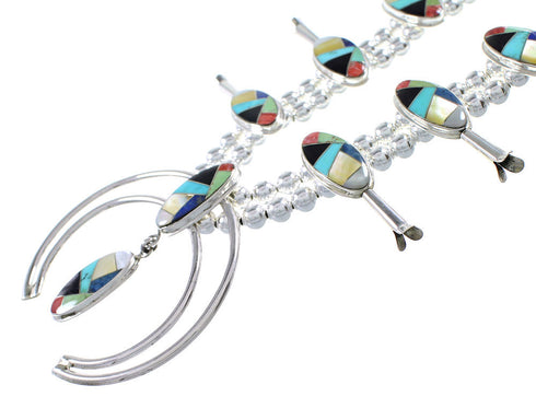 Authentic Sterling Silver Multicolor Inlay Squash Blossom Necklace Set RX94134